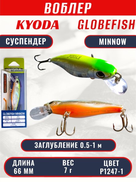 Воблер KYODA Globefish Minnow-66SP, длина 6,6 см, вес 7.0 гр цвет P1247-1, заглубление 0,5-1,0 м