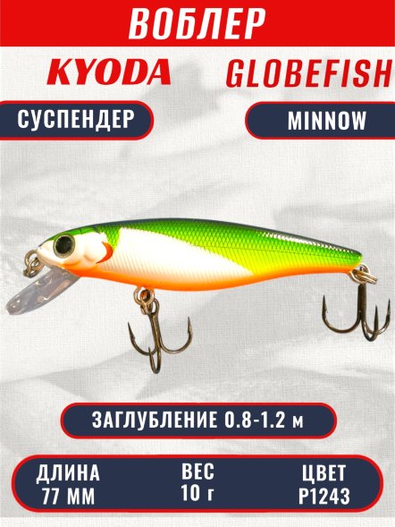 Воблер KYODA Globefish Minnow-77SP, длина 7,7 см, вес 10.0 гр цвет P1243, заглубление 0,8-1,2 м